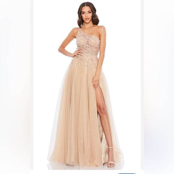Mac Duggal 11210 gown Nude tulle asymmetrical dress beaded slit $598 New 10 - Picture 5 of 16